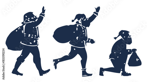 Whimsical Santa Claus figures in festive poses perfect for holiday promotions, Christmas cards, and seasonal designs with joyful cheer and vector scalability