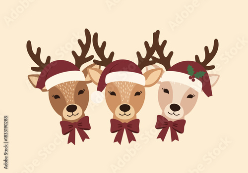 Three festive cartoon deer heads wearing Santa hats and bow ties on a light neutral background for a joyful seasonal greeting card illustration