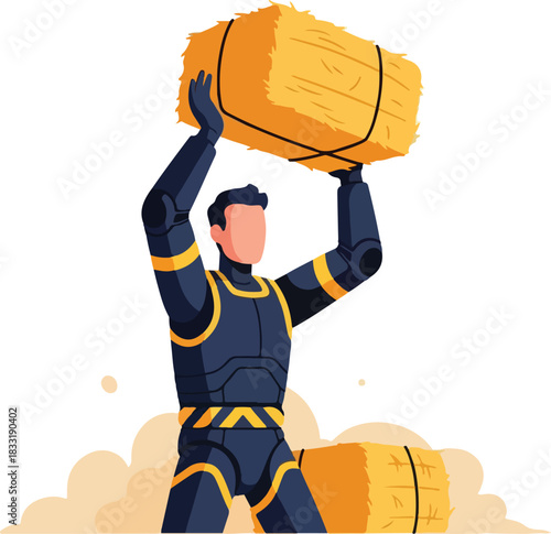 Person in futuristic suit lifting bale of hay  concept of advanced agriculture, technology in farming, innovation in farming practices. Suitable for agriculture, technology, innovation concepts.
