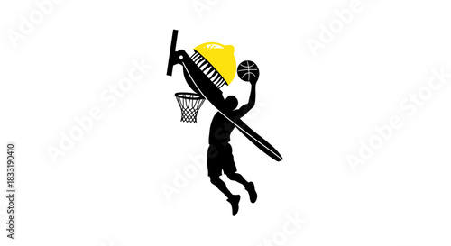 Basketball Player Dunking with Toothbrush and Tooth Logo.