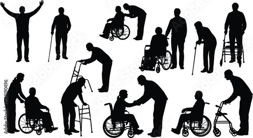 Silhouette people with mobility aids, caregivers assisting wheelchair users, rehabilitation support concept, disability care illustration, medical teamwork