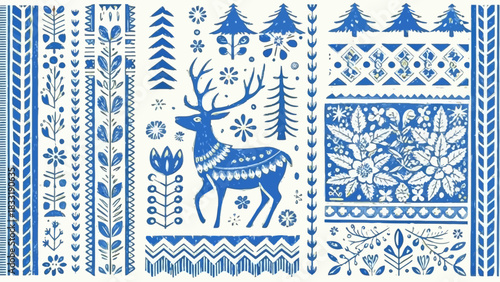 Blue and white folk art pattern with deer, flowers, trees and geometric border designs in a vertical format