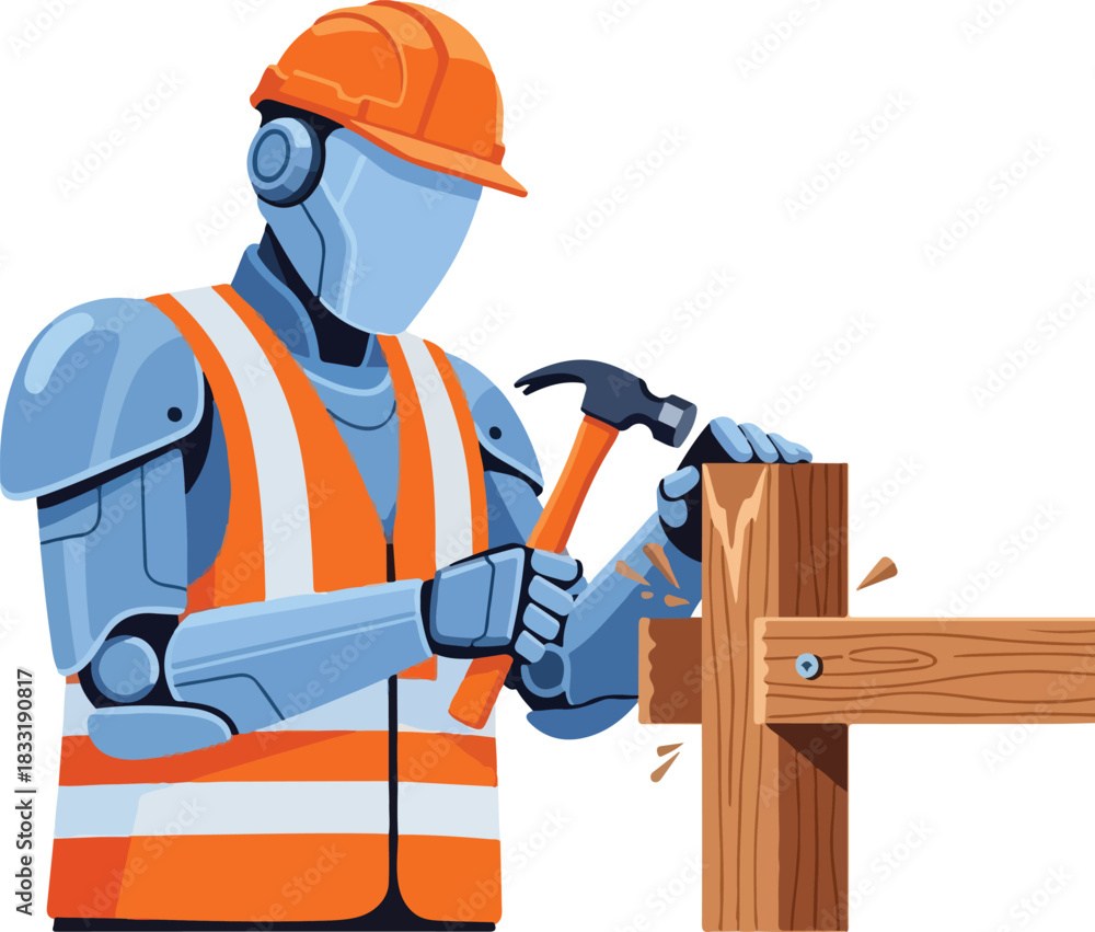 Fototapeta premium Robot builder in safety gear works on wooden plank with hammer. Suitable for construction, technology, futuristic concepts in design projects.