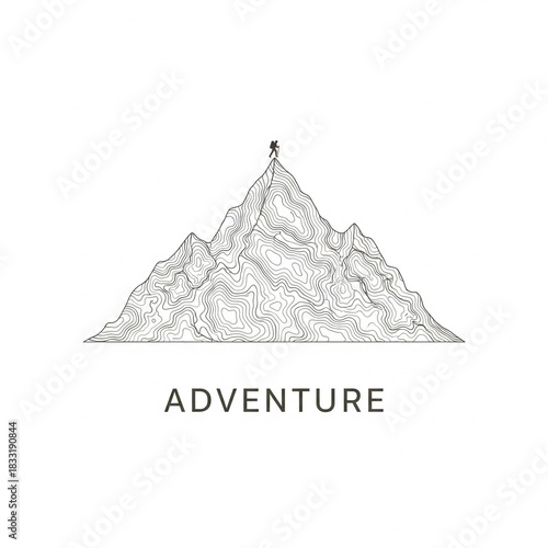 topographic hiking t-shirt design, contour map lines forming mountain shape, subtle thin lines, outdoor minimal aesthetic, small hiker icon at top, modern vector style, monochrome or earth-tone colors