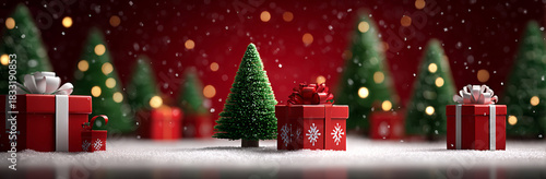 red background with christmas trees and gifts