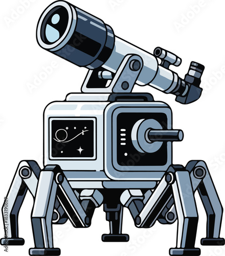 Robot telescope with multiple legs and star details suitable for scifi, space exploration, and technology concepts in design projects.