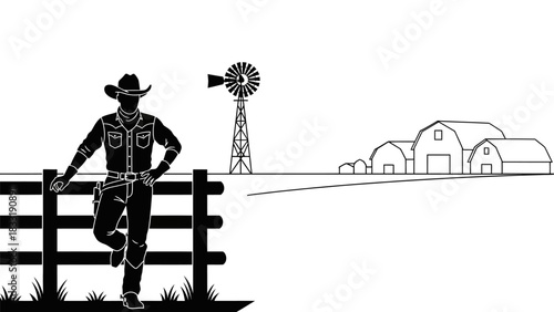 Silhouette of a cowboy leaning on a fence with a windmill and farm buildings in the background scene