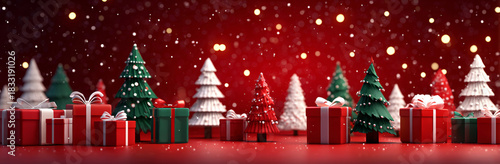 red background with christmas trees and gifts