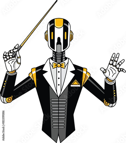 Robot conductor in a tuxedo with a baton perfect for musicthemed designs, orchestra promotions, technology concepts, and futuristic advertising.