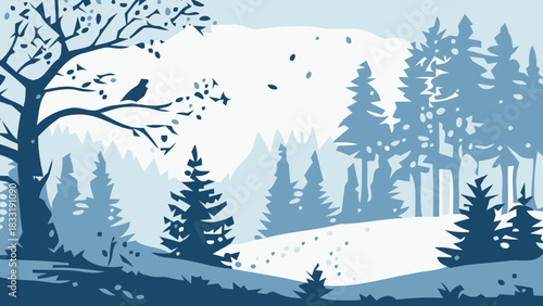Peaceful winter scene with snow covered evergreens and distant mountains, a bird perched on a bare branch, serene and calming nature illustration
