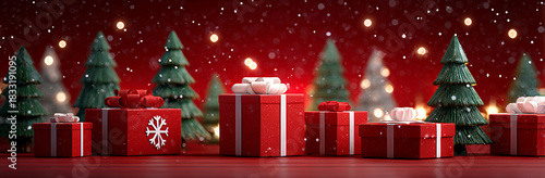 red background with christmas trees and gifts