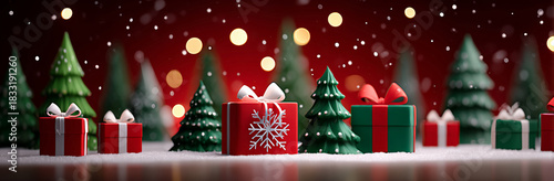 red background with christmas trees and gifts