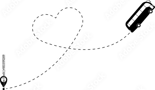 Bus driving on dotted route with map pin. A Bus and dotted line. Dashed line route. Travel navigation routes with dash line path, location pins and bus. Bus icon with line start point set. Bus icon