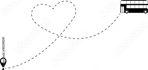 Bus driving on dotted route with map pin. A Bus and dotted line. Dashed line route. Travel navigation routes with dash line path, location pins and bus. Bus icon with line start point set. Bus icon
