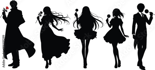 Silhouette figures with roses, elegant pose vector, black and white design, romantic gesture clipart, formal attire illustration