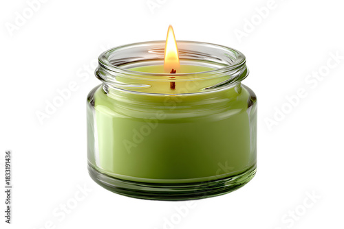 Aromatic Green Candle in Glass Jar with Glowing Flame on a Black Background Creates a Cozy and Relaxing Atmosphere