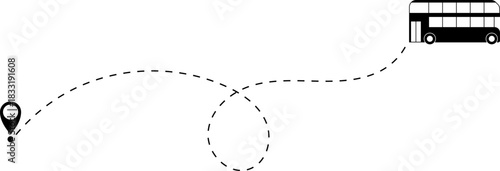 Bus driving on dotted route with map pin. A Bus and dotted line. Dashed line route. Travel navigation routes with dash line path, location pins and bus. Bus icon with line start point set. Bus icon