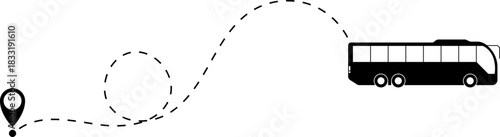 Bus driving on dotted route with map pin. A Bus and dotted line. Dashed line route. Travel navigation routes with dash line path, location pins and bus. Bus icon with line start point set. Bus icon