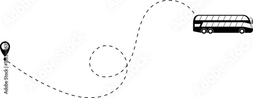 Bus driving on dotted route with map pin. A Bus and dotted line. Dashed line route. Travel navigation routes with dash line path, location pins and bus. Bus icon with line start point set. Bus icon