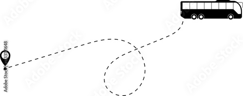 Bus driving on dotted route with map pin. A Bus and dotted line. Dashed line route. Travel navigation routes with dash line path, location pins and bus. Bus icon with line start point set. Bus icon