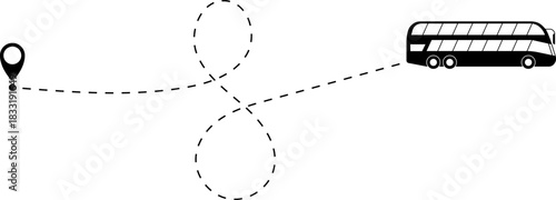 Bus driving on dotted route with map pin. A Bus and dotted line. Dashed line route. Travel navigation routes with dash line path, location pins and bus. Bus icon with line start point set. Bus icon