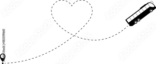 Bus driving on dotted route with map pin. A Bus and dotted line. Dashed line route. Travel navigation routes with dash line path, location pins and bus. Bus icon with line start point set. Bus icon