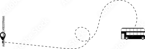 Bus driving on dotted route with map pin. A Bus and dotted line. Dashed line route. Travel navigation routes with dash line path, location pins and bus. Bus icon with line start point set. Bus icon