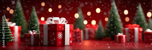 red background with christmas trees and gifts