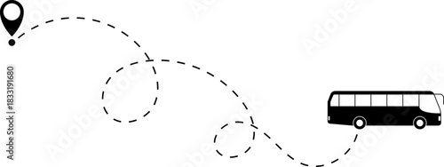 Bus driving on dotted route with map pin. A Bus and dotted line. Dashed line route. Travel navigation routes with dash line path, location pins and bus. Bus icon with line start point set. Bus icon