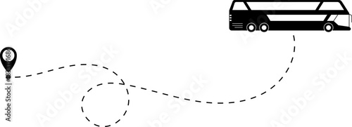 Bus driving on dotted route with map pin. A Bus and dotted line. Dashed line route. Travel navigation routes with dash line path, location pins and bus. Bus icon with line start point set. Bus icon