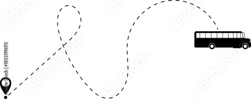 Bus driving on dotted route with map pin. A Bus and dotted line. Dashed line route. Travel navigation routes with dash line path, location pins and bus. Bus icon with line start point set. Bus icon