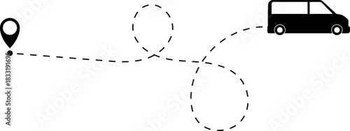 Bus driving on dotted route with map pin. A Bus and dotted line. Dashed line route. Travel navigation routes with dash line path, location pins and bus. Bus icon with line start point set. Bus icon