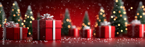 red background with christmas trees and gifts