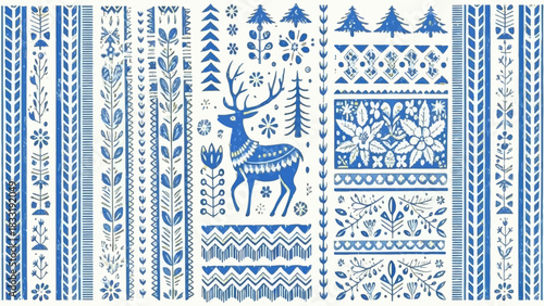 Blue and white folk art illustration featuring a deer, trees, flowers, and geometric patterns in vertical bands