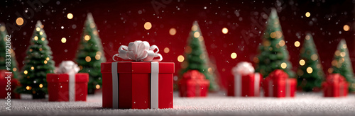red background with christmas trees and gifts