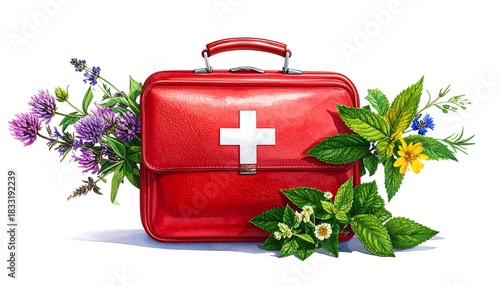 A First Aid Kit Surrounded by Healing Herbs and Flowers, Promoting Natural Wellness