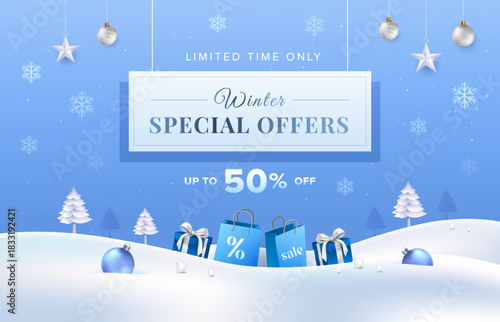 Clean blue winter sale concept with shopping bag, gift and snow background. Vector template for product display, greeting cards, promotion banner.