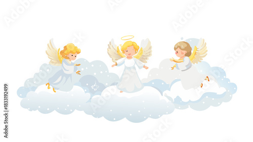 Soft glowing Christmas angels floating in fluffy clouds, golden halos, gentle snowfall, peaceful divine holiday scene filled with warmth and serenity