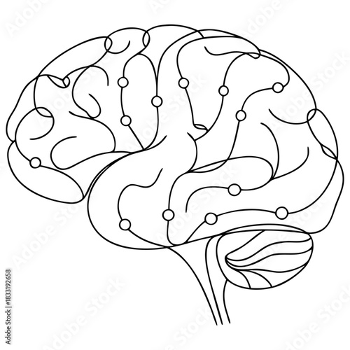 Human brain mycelium network line art. Biological illustration of neurons connecting to mushrooms with stippling.