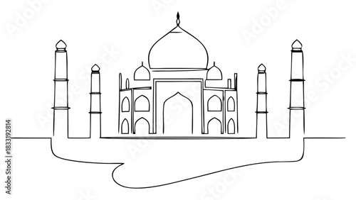 Taj Mahal vintage line art. Minimalist India landmark outline with rectangular frame.