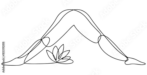 Continuous line yoga downward dog pose. Minimalist single stroke figure with leaf.