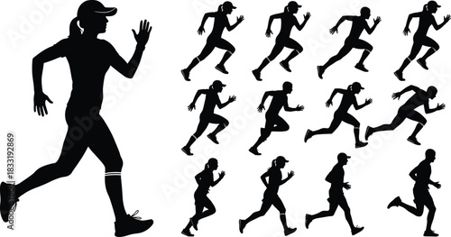 Silhouette runners in multiple motion poses showing athletic sprinting, jogging, fitness training, dynamic movement sequence, active sports exercise