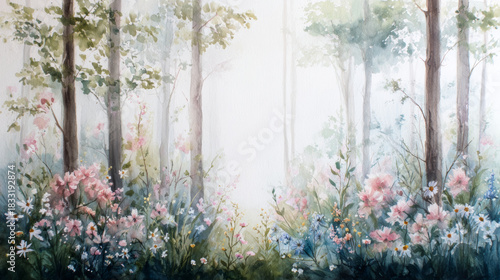 Watercolor painting of a forest with wildflowers