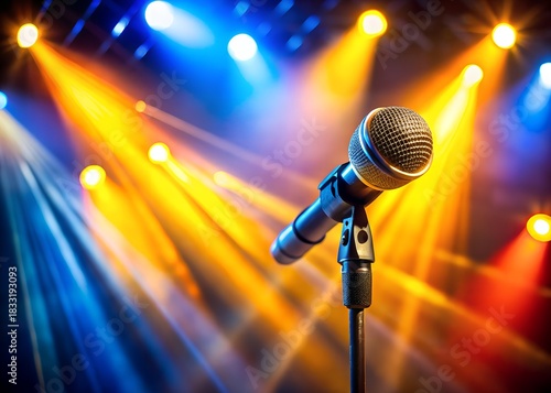 vocal microphone on stand with colorful stage lights backdrop