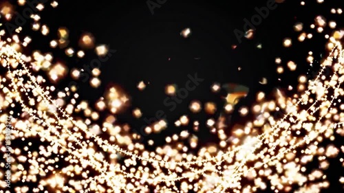 Glowing golden particles and twinkling stars swirl in fluid, bokeh rich trails across a dark canvas, evoking festive glamour, magical shimmer, and celestial celebration