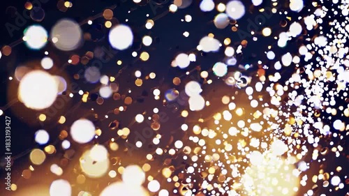 Golden and white bokeh lights with shimmering particles gently drifting and sparkling on a rich, cozy backdrop, evoking a joyous and enchanting holiday ambiance