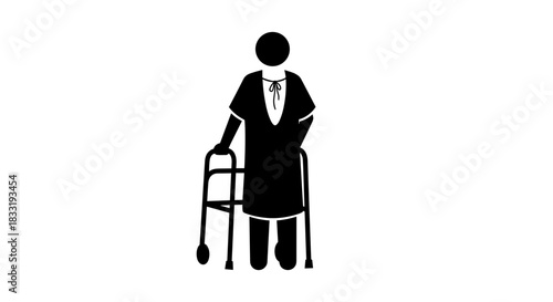 Elderly Woman with Walker Silhouette Illustration.