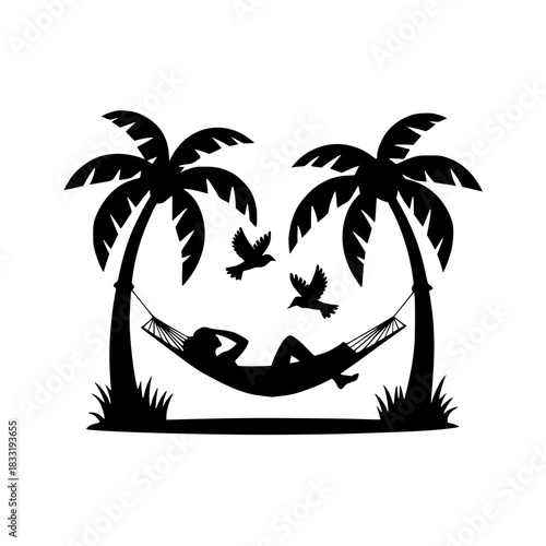 Relaxing getaway silhouette, woman in hammock under palm trees with birds, tropical vacation vibes