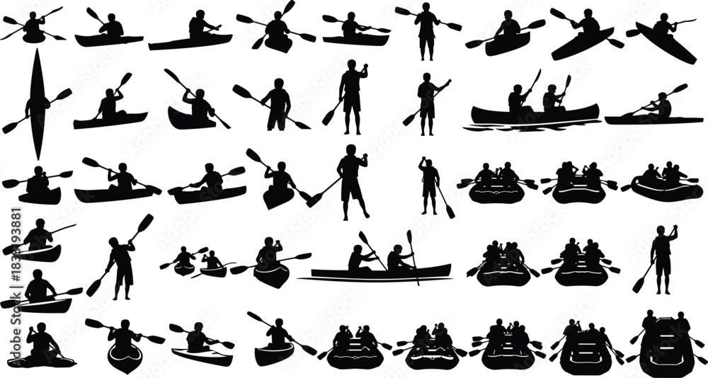 Naklejka premium Water sport silhouette illustration set, kayaking canoeing rafting poses, black vector, outdoor adventure, paddling activity, river artwork