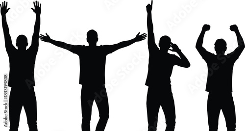 Silhouettes of a man celebrating in various excited poses, victory gesture, motivation, success expression, enthusiasm, energetic movement
